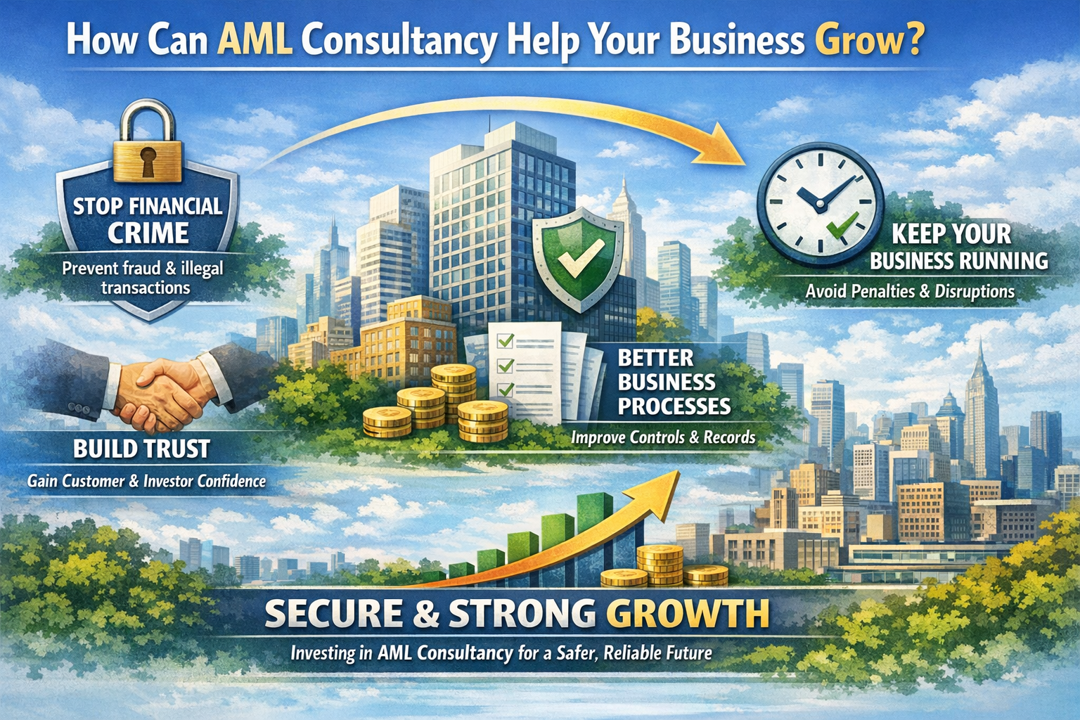 Infographic showing how AML Consultancy drives business growth, featuring icons for stopping financial crime, building trust, improving business processes, and maintaining continuous operations within a city skyline background.