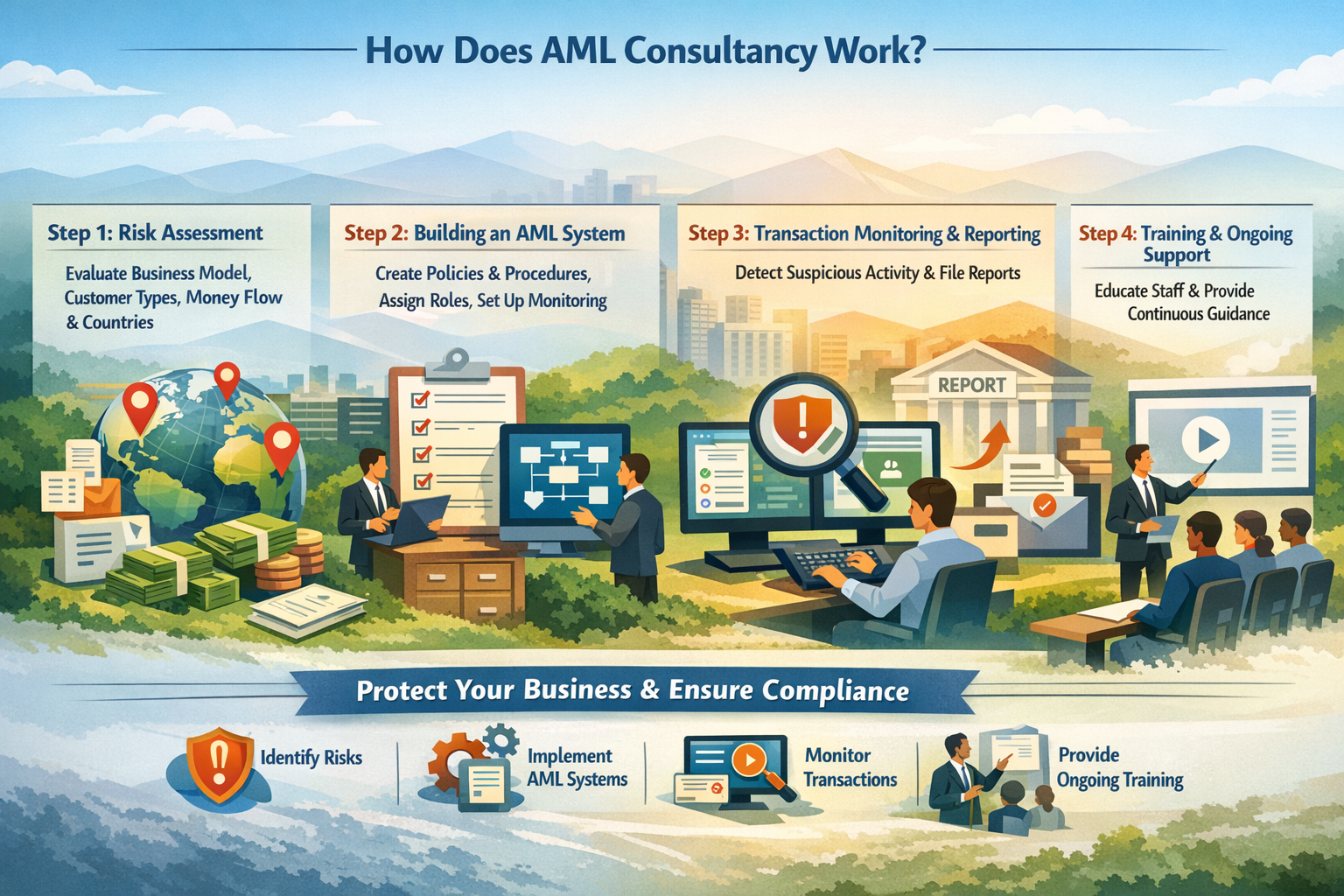 An infographic titled "How Does AML Consultancy Work?" detailing a 4-step process: Risk Assessment, Building an AML System, Monitoring & Reporting, and Training & Support.