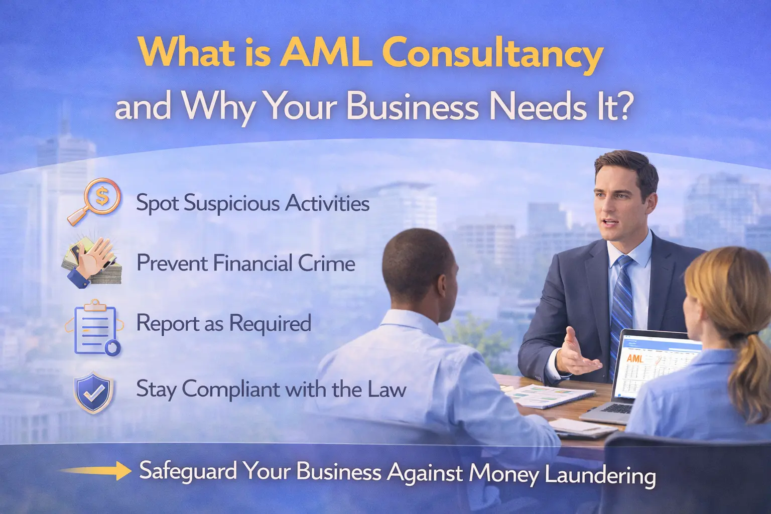 Graphic explaining AML Consultancy with three professionals in a meeting overlooking a city skyline, featuring icons for spotting suspicious activities and staying compliant.