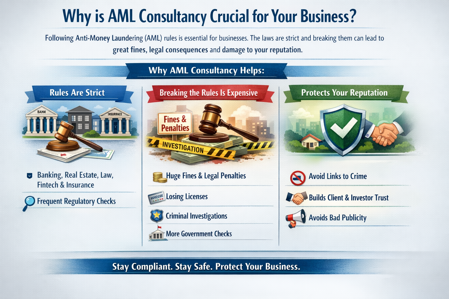 Infographic titled "Why is AML Consultancy Crucial for Your Business?" explaining that strict rules apply to Banking, Real Estate, and Fintech. It highlights risks like huge fines and lost licenses, and benefits like protecting reputation and building trust.